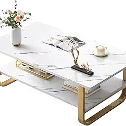 CREATIVE SKILLS Coffee Table 2 Tier, Storage Open Shelf Metal Base Marble Pattern Engineered Wood Center Table for Living Room, Industrial Farmhouse Metal Rectangle Cocktail Table (White)-image-88