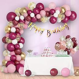 Party Propz Happy Birthday Decoration Items for Girls-63Pcs Burgundy Balloons for Decoration | Pink Birthday Balloons for Decorations | Birthday Decorations for Wife | Happy Birthday Banner(Cardstock)-11