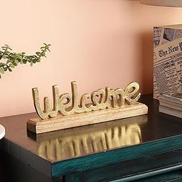PURESTORY Welcome Sign Decor | Decorative Items for Home Living Room | Metal Word Sign with Wooden Base | Gift Items for Home Decoration | Decoration for Library |Tabletop for Gallery & Office- Gold-image-5