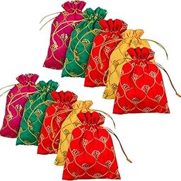 DLC Silk Fabric JHAROKHA Potli Bags for Return gift on Haldi, mehndi ceremony with Heavy Sequin Work, Set of 10 Medium Size Multicolor Women Handbag 7 x 9 inches-14