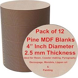 (Pack of 12) - 4 Inch Round Wood Circles, 2.5 mm Thick - Unfinished MDF Board for Art & Craft DIY - Coasters, Painting, Resin, Mandala, Decoupage, Pyrography & Lippan Art-24