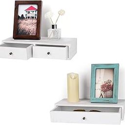 W00YNEX Floating Shelves with Drawers: Wood Wall Shelves/Cabinets for Storage and Exhibition; Doubles as a Bedside or Nightstand Set of 2 in Vintage- White (White a)-image-60