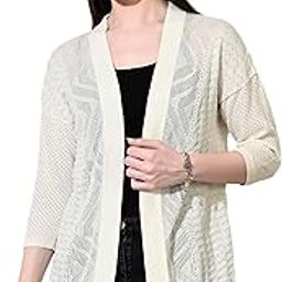 Women's Long Sleeve Knit Cardigan, Grey and White Pattern, Open Front Winter Shrug (in, Alpha, L, Regular, Cream)-11