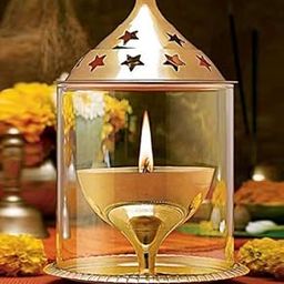 Brass Akhand Diya With Glass Cover - 7 Inches Golden Decorative Oil Lamp, Tea Light Holder Lantern for Durga Pooja, Cylindrical Shaped-24
