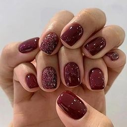Set Of 14 Pc, Press-On Short Square Maroon Glossy and Glitter Nails Extensions With Free Glue Kit-2