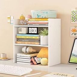 UniArt 2-Tier Small Wooden Freestanding Countertop Bookcase Desk Organizer for CD, Photo Display, Storage Rack for Home Office (White, 15.75 X 15.75 X 5.9 Inches)-image-1