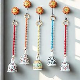 Shopping Shots, Elevate Your Home Decor with Ceramic Hand-Painted Macrame Bells. Pack of 5 Large-Size (Height 5 inch) Bells Brings 5 .Ceramic Hooks Included. Bohemian Design-image-77