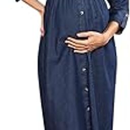 Women's Maternity Dress Denim Cotton Feel | Calf Length Pregnancy & Feeding Dress with Zippers | Baby Shower & Nursing Gown for Women-image-113