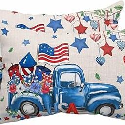 Anzona Pack of 2 Blue 4th of July Lumbar Pillow Covers, Outdoor Waterproof Throw Pillow Covers Set, Spring Floral Red Love Heart Star Rustic Decorative Cushion Case for Patio Beach, 12x20 Inch-2