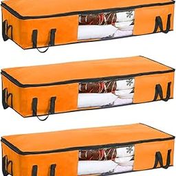 PrettyKrafts Pack of 3 Non Woven Moisture Proof Underbed Storage Bags for Clothes Large, Closet Organizers, Cloth Organizer, Storage Bag for Blankets, Quilt, Saree (98x40x19cm, Orange)-23