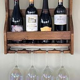 Genuine Decor Wood Wine Rack - Wall Mounted - 4/8 Glasses and Bottles Holder | Mini Bar Cabinet for Home with Wine Glass Holder (Brown)-image-33