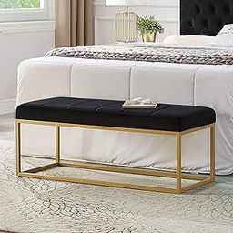 CRAFIX Gold Bench with Velvet Upholstery and Metal Frame for Living Room, Bedroom, and Entryway; Contemporary Tufted Channel Bench Footboard.Black Velvet-image-88