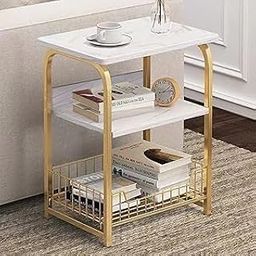 BLURISM Sofa Side Table Slim Side Table for Small Space, Farmhouse Narrow Sofa Side Table w/Shelf and Drawer Simple Design Sofa Side Table-Gold White Small Nightstand Bedside Table for Living Room-18