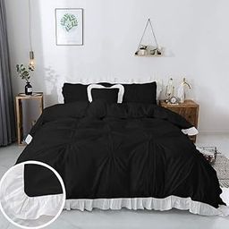 100% Cotton Luxurious 2 Tone Pinch Ruffle 3 PC Rajai/Blanket/Quilt Cover Set- 400 TC White Corner Ruffle Comforter Cover with 2 Pillow Cover- Ultra Soft & Fluffy-Queen Size, Black/White Solid-image-30