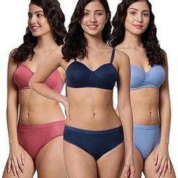 Women�s Cotton Honeymoon Lightly Padded Bikini Bra Panty Set for Everyday Lingerie Set| Push up Bra Panty Set Combo Pack of 3-image-59