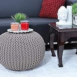 OMAJA HOME Pouf for Living Room Sitting Round Ottoman Bean Filled Stool for Foot Rest Home Furniture Rope Twisted Grey Bean Bag - (Pack of 1)-23