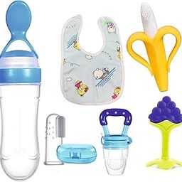 Roforuf Silicone Baby Food Dispensing Spoon Bottle 90ML 1pc, Fruit Feeder/Nibbler/Pacifier 1pc, Silicone Banana Teether 1pc, Fruit Shape Teether 1pc, Finger Tooth Brush 1pc And Baby bib 1pc (combo 6 with banana)-15