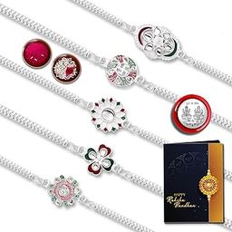 Rakhi for Brother Set of 5 – Silver Color Pooja Coin & Tilak Set with Greeting Card – Designer Rakhi for Bhai, Bhabhi & Kids – Unique Pattern Combo Pack for Raksha Bandhan Festival (PR_K5_NC96)-85