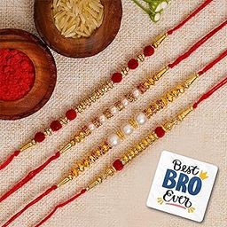 eCraftIndia Set of 4 Red, Golden & White Beads, Pearl, Diamond Designer Rakhis, Best Bro Ever Fridge Magnet with Roli Chawal Pack - Rakhi for Brother, Bhaiya, Bhai-21