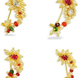 Desire Collection Traditional Big Size Maharashtrian Nose ring without piercing Clip On Nose Ring Pearl Gold Plated Nath For Women Girls (4 Pair Combo)-28