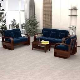 NEW MAMTA CRAFT Sheesham Wood 6 Seater Sofa Set for Living Room, Wooden Sofa for Living Room Furniture 3+2+1 Sofa Set, 6 Person Sofa (Walnut Finish,40 Density,Blue Cushion)-image-32