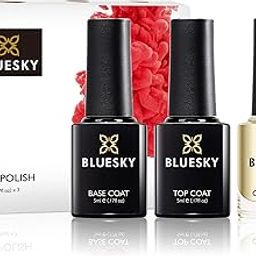 BLUESKY Gel Shiny Finish Nail Polish Set, Top Coat And Base Coat With Cuticle Oil. 3 X 5Ml. Top And Base (Requires Curing Under Uv/Led Lamp)-52