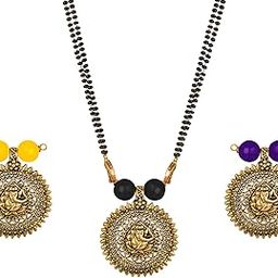 Jewellery for Less Handcrafted Combo of Multi Bead and Gajamukha Oxidise Pendant with Gold Plated Black beaded Double Chain Mangalsutra Set (Set of 3)-16