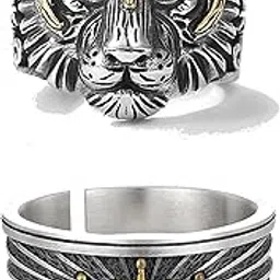 Stylish Silver Ring For Men Stainless Steel King Lion with Crown Adjutabel Silver Ring For Men Boys Love Gifts Finger Ring Mens Jewellery-image-1