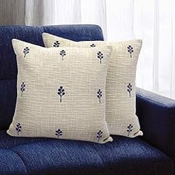 TRENDING HOME COLLECTION Cotton Textured Fabric with Manual Embroidered Stitched Zippered Cushion Cover(Ivory/Blue) | 16 x 16 Inches |Set of 2|-image-20
