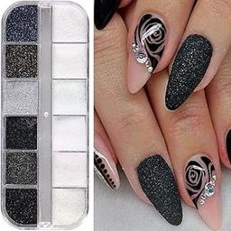 S.A.V.I 12 Grid White & Black Sugar Powder Glitter Nail Art Kit | Sparkle Powder for Winter Nails | Shimmer Nail Accessories | DIY Nail Design | Long-Lasting Shine | Easy Application | 1 Box-19