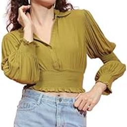 Women Solid Collared Long Sleeve Smocked Viscose Crop Top with Button Detail-image-56