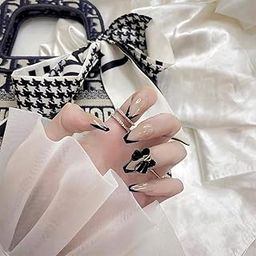 Modern Set of 24 Artificial Reusable Nails In Black Tips With Bow Design With Glue Black-0