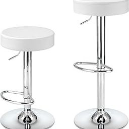 IYB® White Round Bar Stool PU Leather with Footrest Height Adjustable Swivel Pub Chair Home Kitchen Bar Stools Backless Stool (Set of 2)-image-45