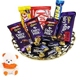 SFU E Com Attractive Chocolate Hamper With Attractive Golden Tray | Valentine Love Teddy Bear With Chocolate Combo | Valentine Chocolate Hamper | 139-58