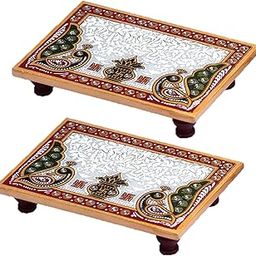 Mander Marble Rectangle Puja Chowki | Hand-Painted Kalash Peacock Art Design Small Marble Pooja Chowki for God Idols, Puja Mandir, Bajot and Decorations (Pack of 2,Size: 4" x 6" Inch)-21