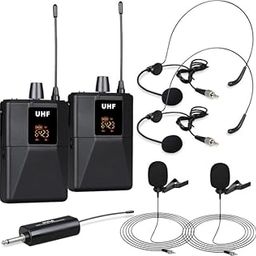 kh UHF Wireless Microphone System Portable Professional Cordless Microphone Set with 2 Headset, 2 Lavalier, 2 Beltpack Transmitter, 1 Receiver - Karaoke & Conference (2 Headset 2 Collar)-picture-15
