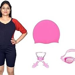 Women's Swimming Half Suit with Swimming 1 Anti Fog Swimming Goggles + 1 Silicone Swimming Cap+ 1 Nose Clip+ 2 Ear Plugs-image-96