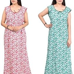 Pure Cotton Maxi Floral Print Floor Length Sleeveless Nighty Dresses for Women's, (Pack of 2)-image-0
