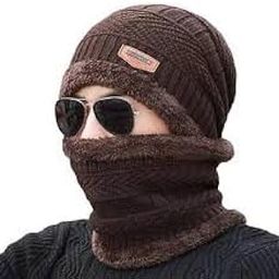 Women's Knitted Winter Hat and Scarf Set, Warm Wool Blend, Brown-74