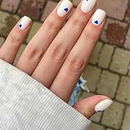 Set Of 14Pc, Press-On Short Square Glossy White with Cute Little Blue Hearts, Nail Extensions With Free Glue Kit-image-123