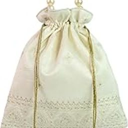 Paisley Embroidered Potli Bag with Pearl Handle, Decorative Tassels, Available in Baby Pink and Off White-image-5