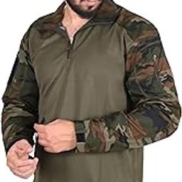 Tactical Combat Shirt, Quarter Zip, Camouflage Sleeves with Olive Green Body, Military Style-image-43