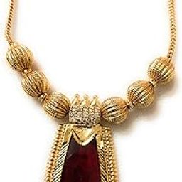 Najmcrafts Women's Kerala Traditional Palakka Necklace with Single Pendant/Kerala Ethnic Gold Plated Jewellery/Gold Plated Nagapadam/Palakka Mala for Women/Girls (Pack of 1 Set) (Red & Golden)-image-23