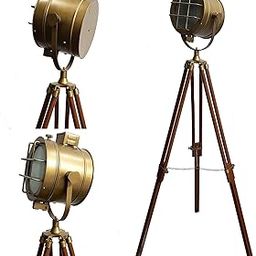 Tripod Floor Lamp Antique Searchlight Wooden Adjustable Stand Retro Studio Spotlight Focus Home & Office Decorative Lighting, Brown-image-43