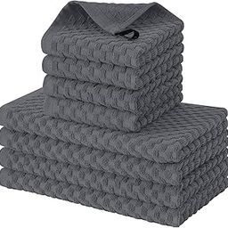 Fintale 100% Cotton Kitchen Towels and Dishcloths Set, 12 x 12 & 15 x 25 Inches, Set of 8 Bulk Super Soft and Absorbent Terry Cloth Dish Towels, Quick Drying Hand Towels with Hanging Loop, Dark Grey-31