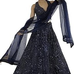 Women's Premium Navy Blue Sequined Georgette Lehenga Choli Set with Dupatta – Heavy Sequin Embroidery, Semi-Stitched Designer Ethnic Indian Outfit-picture-0