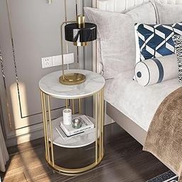Anamino Metal Round Side Table with Real Marble Look Tabletop, Modern Indoor Outddor 2-Tier Table for Balcony Living Room Bedroom (Gold White)-image-19