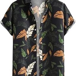Men's Tropical Leaf Print Short Sleeve Button Down Shirt, Black with Green and Orange Leaves-image-21