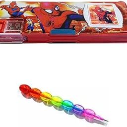 YBN Multipurpose Spiderman Magnetic Pencil Geometry Box With Dual Sharpener With Calculator For Girls And Boy - Red (Both Side Open) With Free One Moti Pencil,Modern-image-3