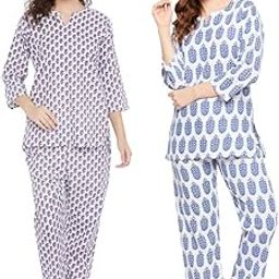 Women's Set of 2 Cotton Floral Printed Top & Pyjama Set in White, Blue Colour-picture-15